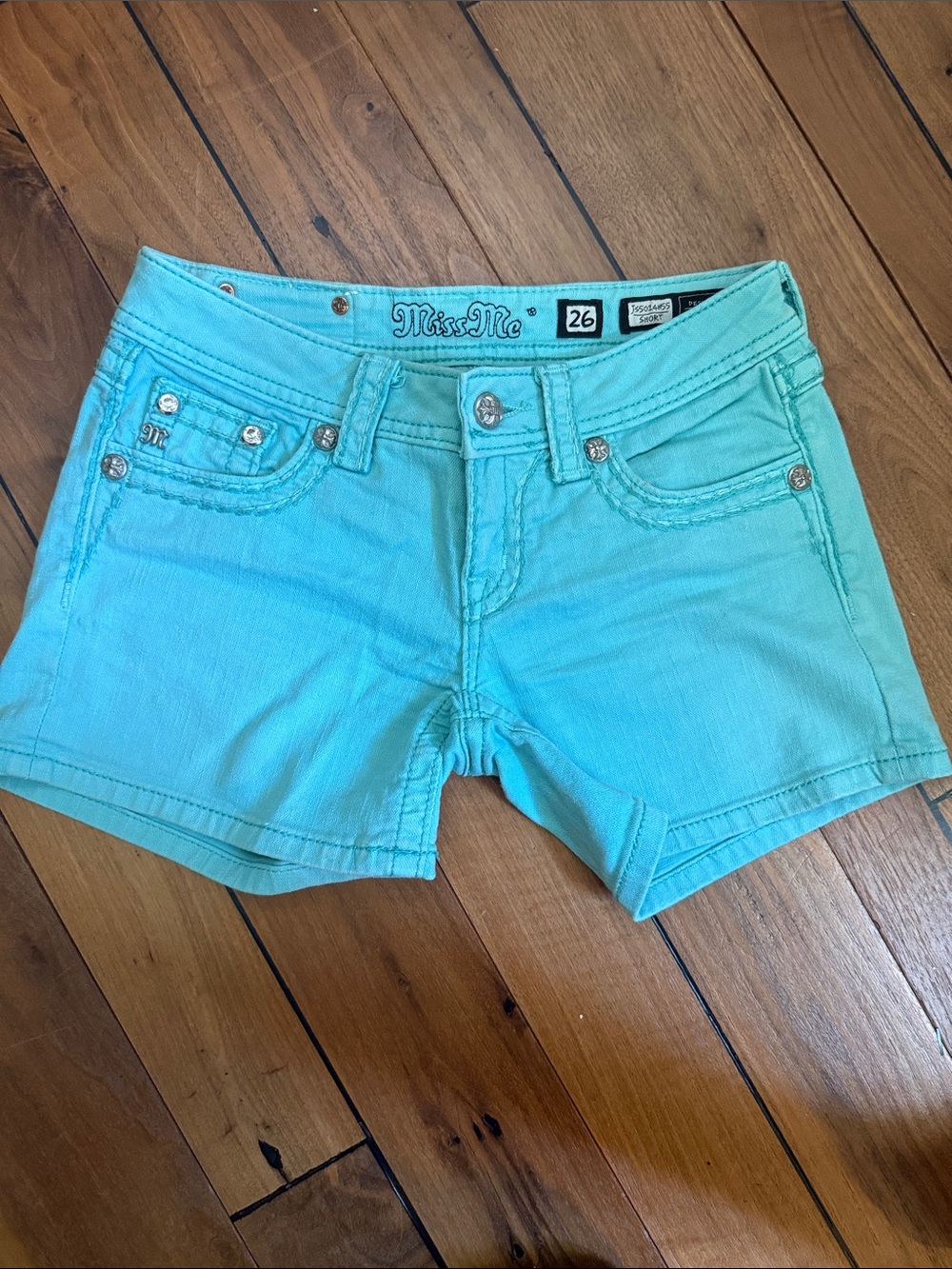 Miss Me Aqua Mint Short Denim Cutoffs Sz 26